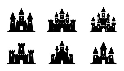 Medieval Castle Icons, Royal Fortress Silhouettes, Fantasy Kingdom Structures, Set of 6 Vector Graphics © Tanjil