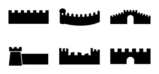Castle Wall Icons, Fortress Silhouettes, Medieval Fortification Vector Set © Tanjil
