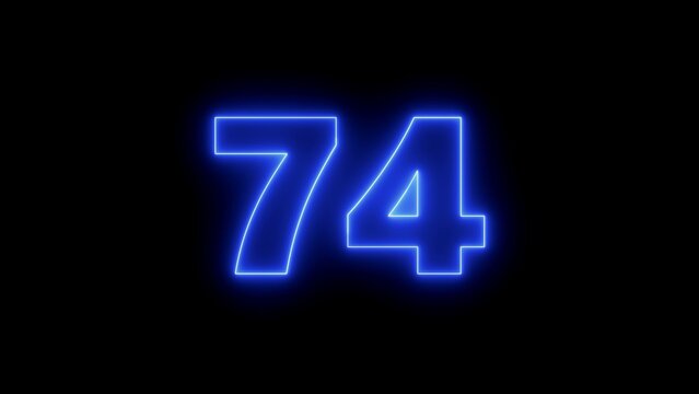 Luminous neon blue number seventy four isolated on solid black background, for digital countdown, timer or anniversary celebration