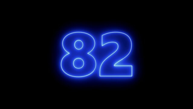 Vibrant blue neon number eighty-two isolated on a solid black background, glowing electric light typography for digital countdowns, modern signage style, contrast minimalist