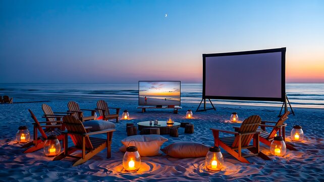 Outdoor beach cinema with projector screen and cozy seating at sunset