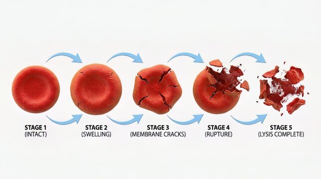 Scientific illustration depicting progressive stages of red blood cell lysis from initial swelling to final membrane rupture and disintegration