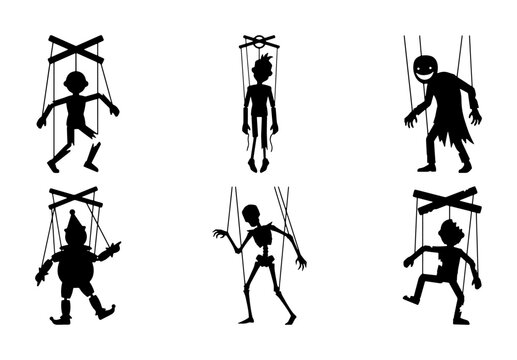 Puppet Icons Set, Marionette Silhouettes, Control and Manipulation Concepts, Vector Graphics