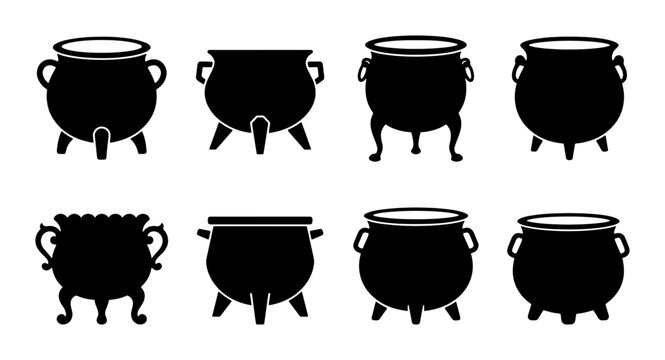 Cauldron Icons Set, Black Witch Pot Silhouettes, Halloween Cooking Vessels Collection