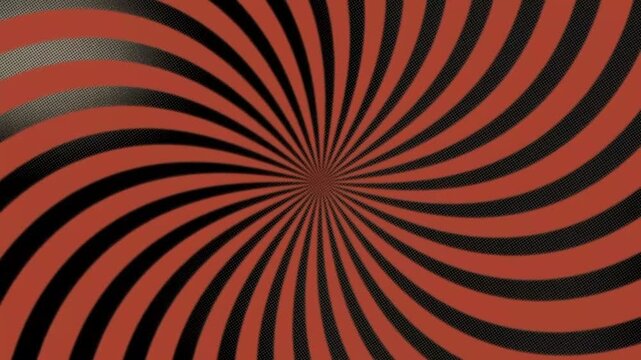 Retro orange and black spiral sunburst background with vintage halftone texture. Psychedelic radial swirl pattern for pop art design and nostalgic creative projects.