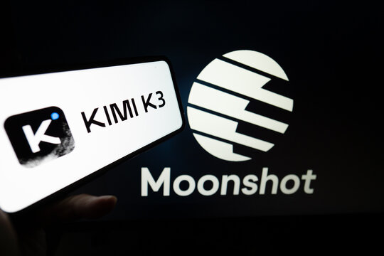 Qingdao,China-July.26.2026:Photo of a smartphone screen showing "KIMI K3" next to a Moonshot AI logo on a monitor.