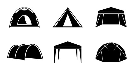 Diverse Shelter Icons: Camping Tents, Pop-Up Gazebos, Geodesic Domes, Vector Graphics © Mainul