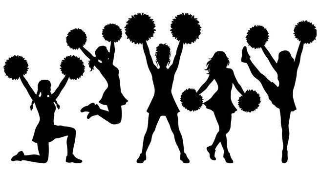Cheerleader dance team silhouettes vector collection women holding pom poms performing spirit routine shapes isolated on white background, cheerleader, cheerleading, cheer, dance, dancer, team