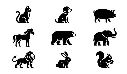 Fototapeta premium Elegant Black and White Animal Icon Set Minimal Vector Collection