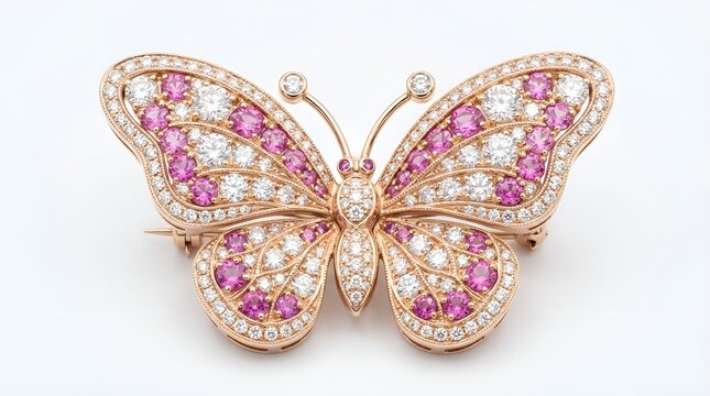 Luxury diamond and pink sapphire butterfly brooch in rose gold isolated on a white background