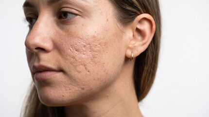 Naklejka premium Ultra Realistic Close Up Portraits of Young Adults with Acne, Pimples, Blemishes, Oily Skin, Acne Scars and Natural Skin Texture, Dermatology and Skincare Concept Isolated on White Background