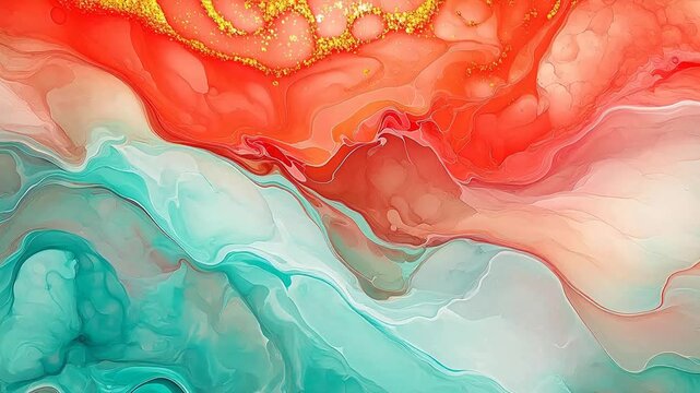 Digital coral and mint green watercolor marble abstract background