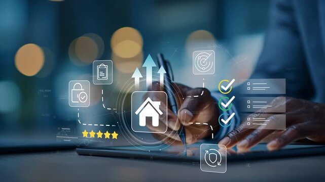 Black businessman using animated house icon, residential property investment, wealth building strategy, business growth, inclusive leadership and modern real estate technology
