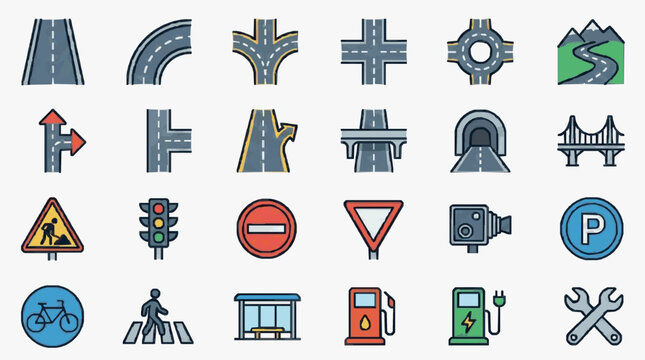 Sleek Collection of Minimalist Road and Traffic Icons Featuring Highway Junctions Signs and Vehicles in Flat Design