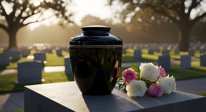 Funeral urn with flowers at peaceful cemetery