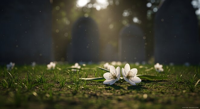 White flowers resting on grass in peaceful cemetery