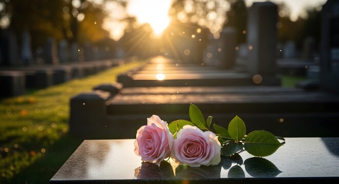 Pink roses placed on gravestone during peaceful remembrance