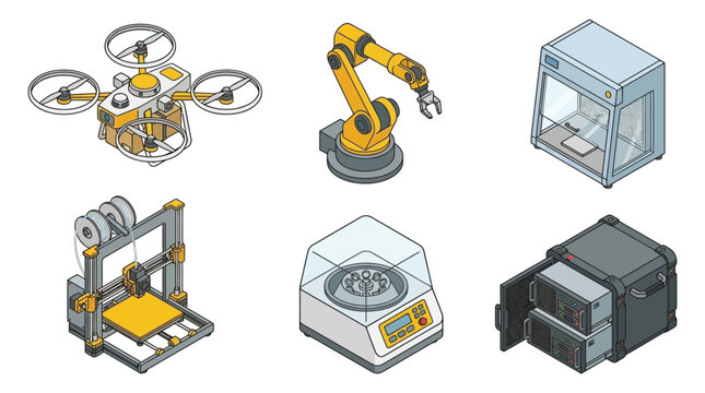 Industrial Machinery Collection Isometric Vector Illustration On White Background