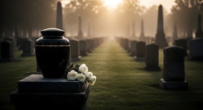 Funeral urn placed in peaceful cemetery at sunrise