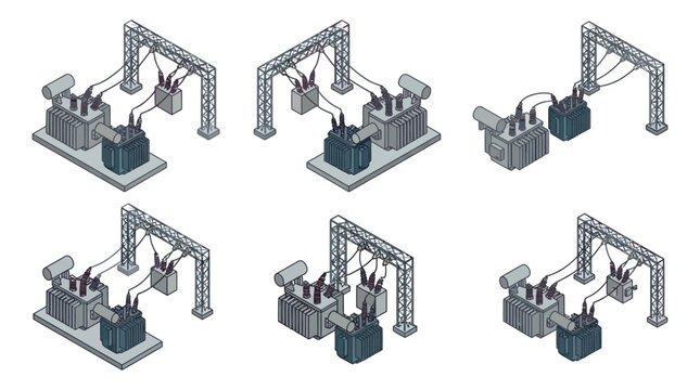 Electrical Substations With Overhead Lines Isometric Vector Illustration