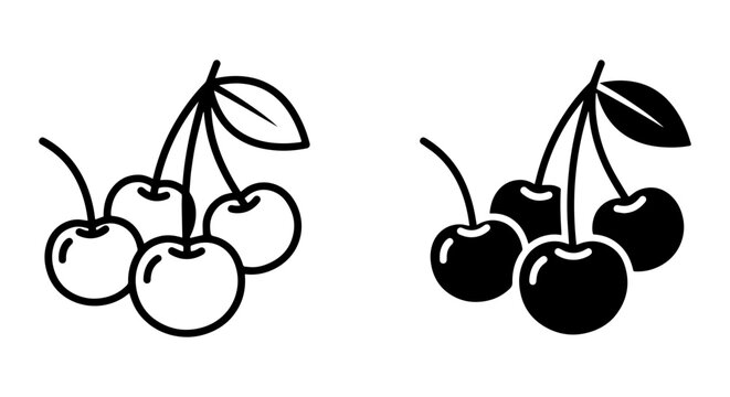 Simple Cherry Icons, Outline and Solid Fill Vector Graphics, Fresh Fruit Symbols for Healthy Food Design