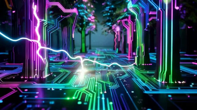Neon Circuit Board With Lightning.