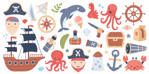Pirate themed Illustration With Nautical Elements And A White Background © Kabita