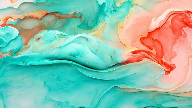 Digital coral and mint green watercolor marble abstract background