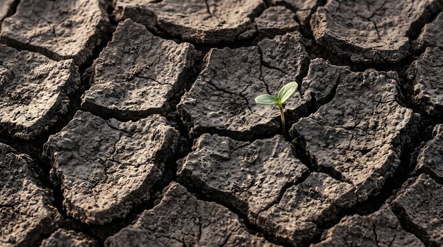 Tiny green seedling sprouting from deeply cracked dry earth in warm light