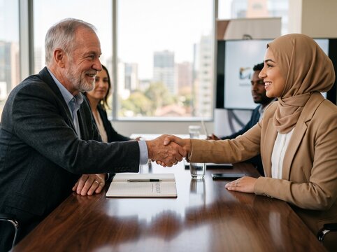 A smiling Muslim businesswoman wearing a beige hijab shaking hands with a senior male business partner across a wooden conference table in a modern office.