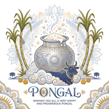 High-resolution vector illustration of a festive Pongal greeting card with a silver pot and lotus border in blue and gold on pure white background