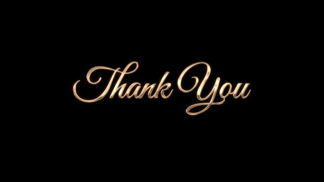 Golden metallic cursive text thank you lettering black background elegant shiny typography.