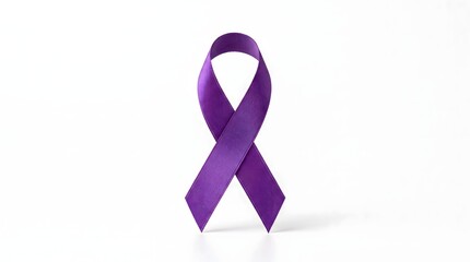 Purple satin awareness ribbon standing upright on a clean white background © lahiru