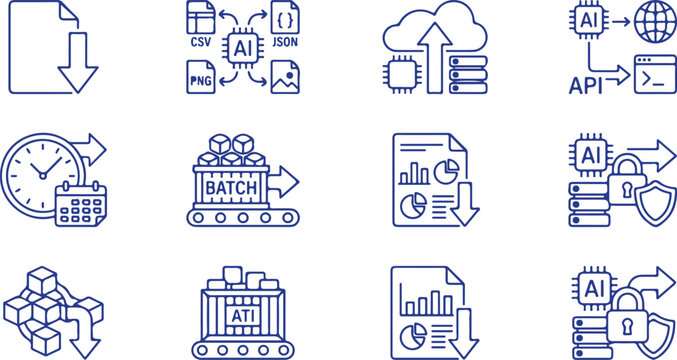 Big data engineering artificial intelligence file conversion and batch processing line vector icon set