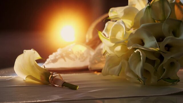 Elegant wedding bouquet of white calla lilies with wedding rings and bridal accessories illuminated by warm sunset light. Romantic marriage and luxury wedding concept.