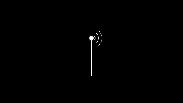 Antenna broadcasting signal waves on black background. Antenna tower as phone base station with radio wave animation.