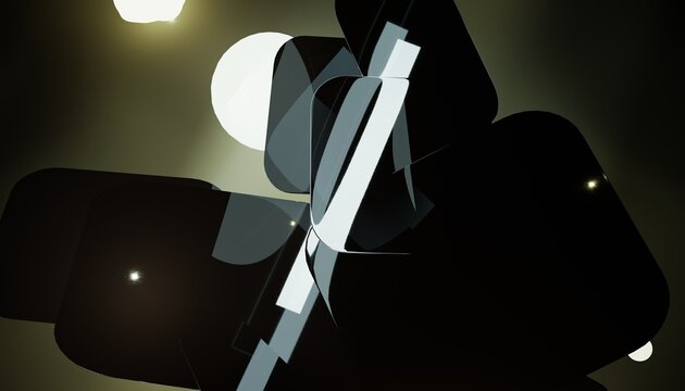 Glossy obsidian monoliths floating amidst luminous spheres