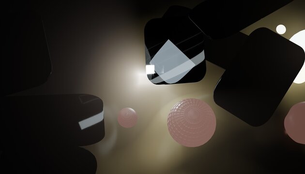 Glossy dark monoliths hovering near textured peach spheres