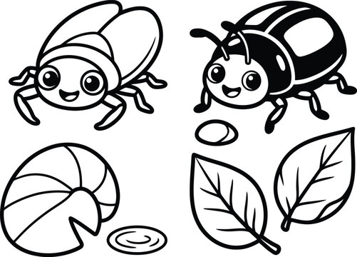 Cute insect coloring page featuring friendly beetles, leaves, and a grub sketch for children.