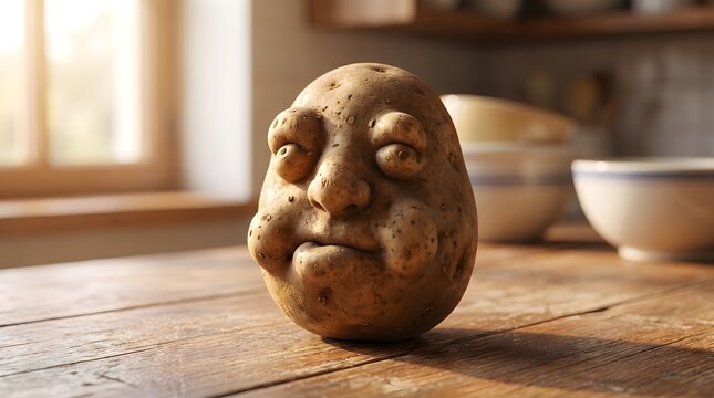 Funny imperfect potato with anthropomorphic grumpy face on wooden kitchen table, ugly produce and zero food waste concept