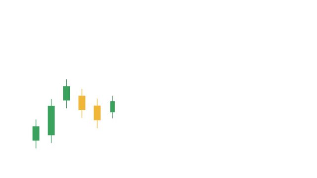 4K motion graphic of candlestick charts with alpha channel transparency. 2D cartoon animation of day trading stock, data visualization, on white background.