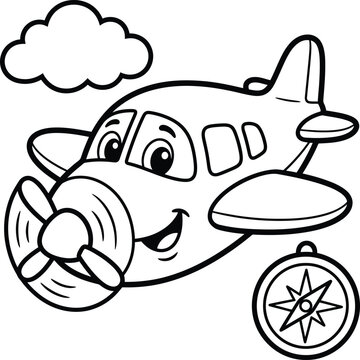 Cute cartoon airplane vector rendering with a friendly smiling face, cloud, and compass for children coloring page.
