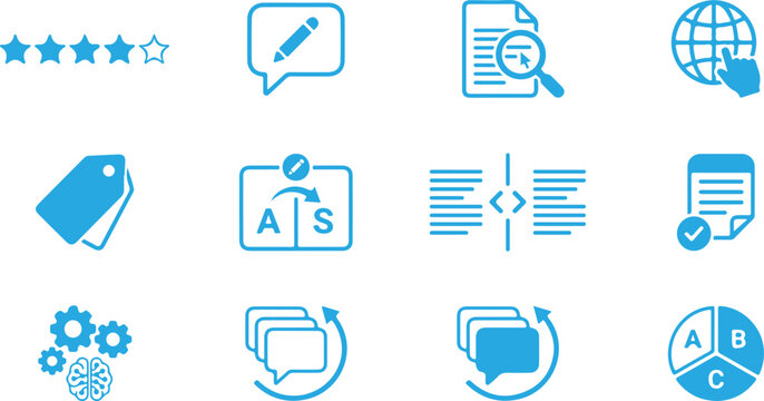 Machine learning prompt engineering split testing content evaluation and automated text translation workflow icons