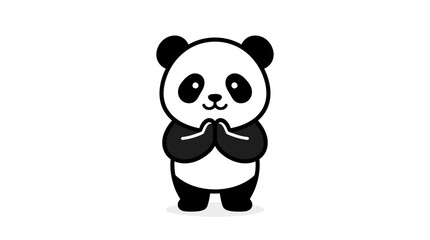 Fototapeta premium A cute cartoon panda with its paws together in a respectful gesture on a white background.