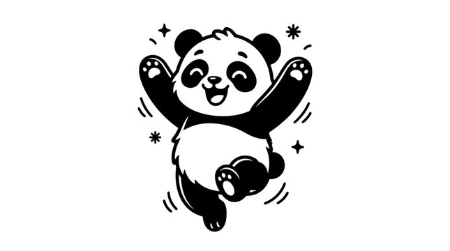A joyful cartoon panda bear with its arms raised in celebration and a wide smile.