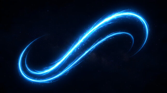 Abstract blue neon light trails forming infinity symbol on dark space background