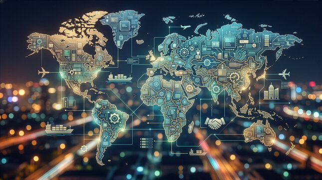 グローバルビジネスやサプライチェーンDXを象徴する世界地図のネットワークイラスト。デジタル回路で繋がる物流、飛行機、船舶、都市の夜景背景のコンセプトイメージ
