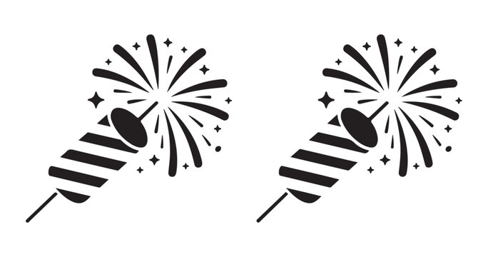 Firecracker vector icon. black firework rocket with explosion and stars illustration. isolated on transparent background.