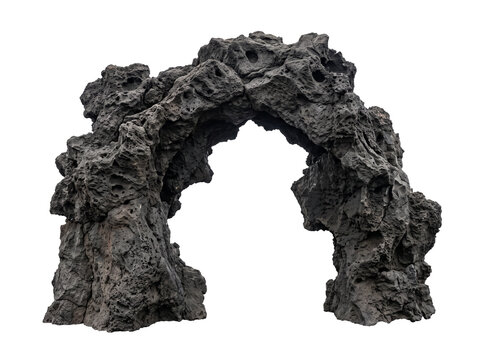 Abstract Volcanic Basalt Rock Arch Isolated on White Background &ndash; Naturally Eroded Porous Stone Decorative Element PNG