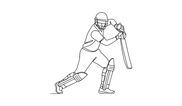 Minimalist Continuous Line Art Cricket Batsman Playing Classic Shot Sports Flat Vector Illustration Isolated on White Background